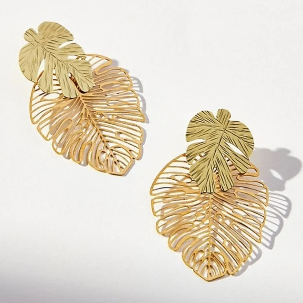 Anthropologie Delicate Gold Leaf Drop Earrings